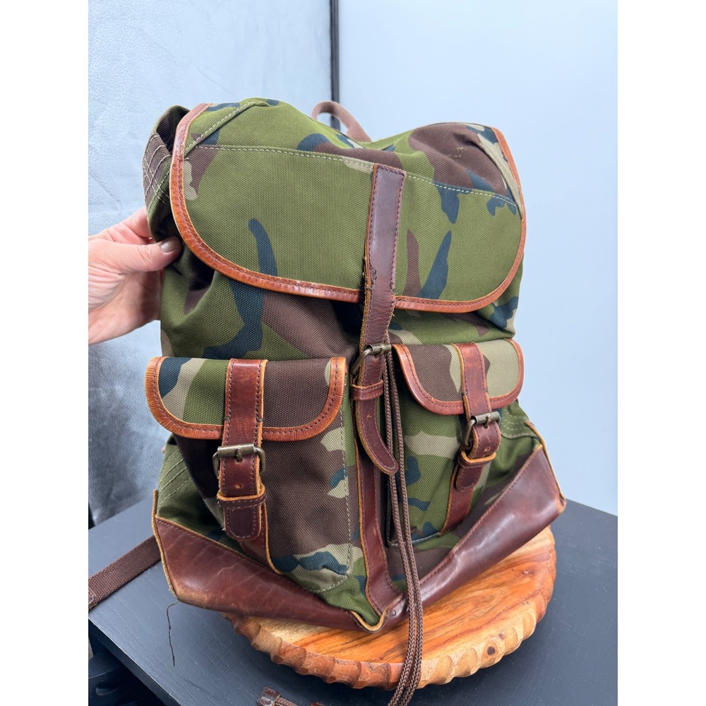 LL Bean Signature Rucksack Backpack Mens OS Green Camo Leather Canvas Buckle